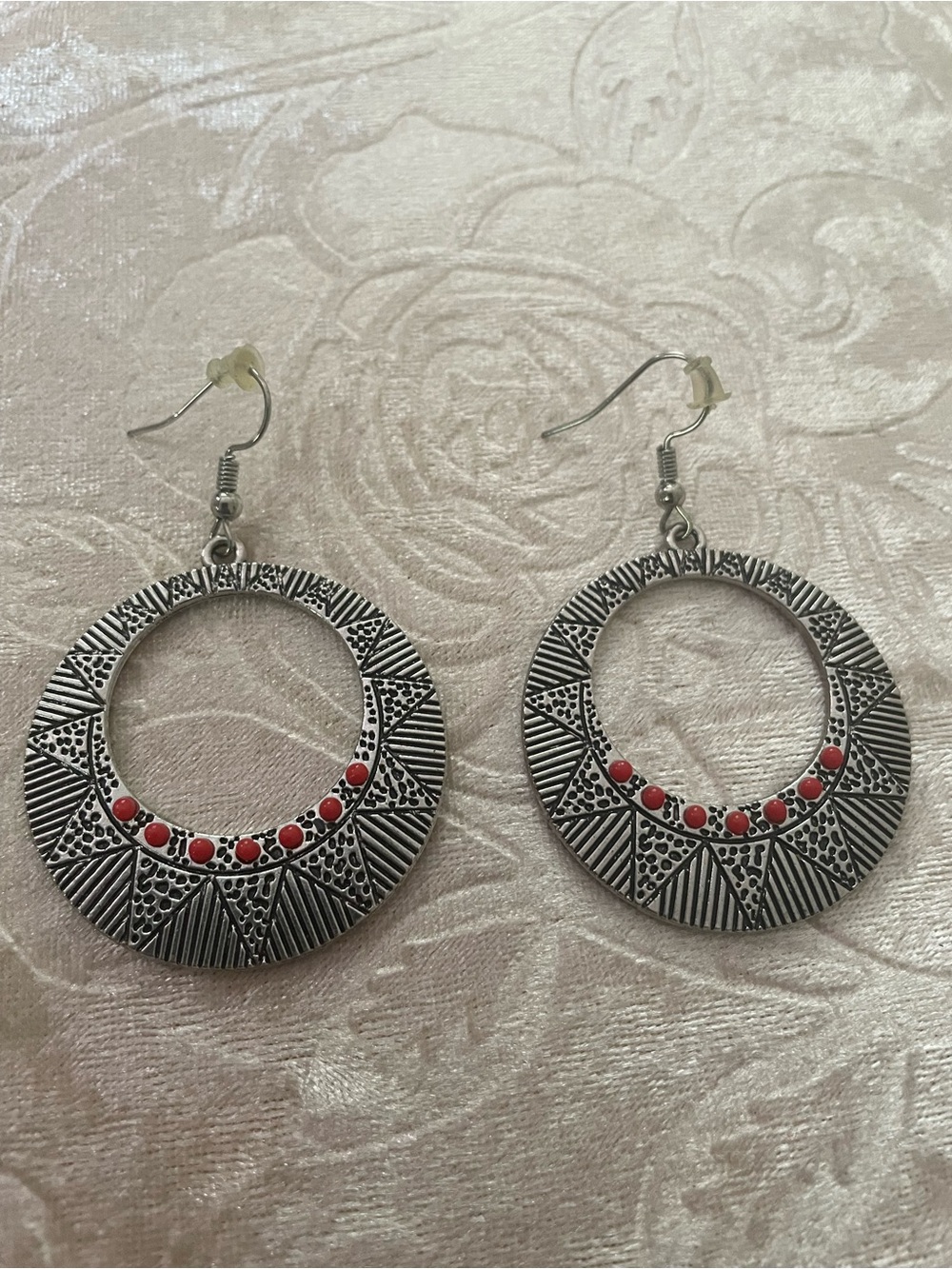 Textured Silver-Tone Hoop Earrings with Red Accent Stones - Women Jewelry